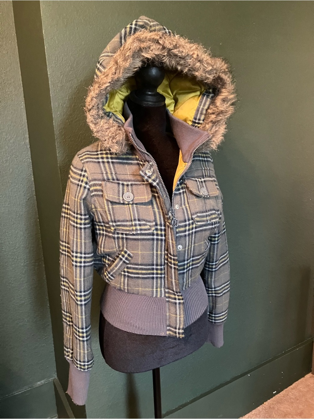 Jou Jou Plaid Hooded Women's Jacket with Faux Fur Trim - Gray/Yellow